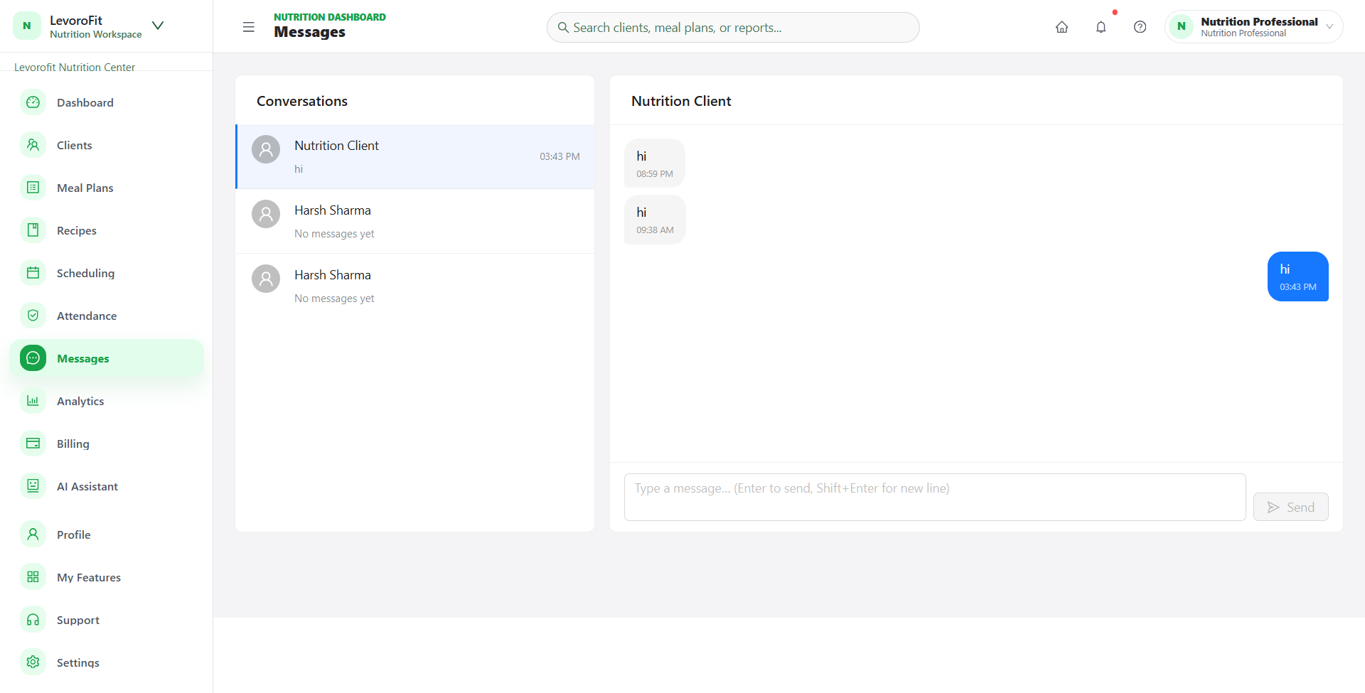 LevoroFit B2B Communications Portal showing professional chat dashboard with active conversations