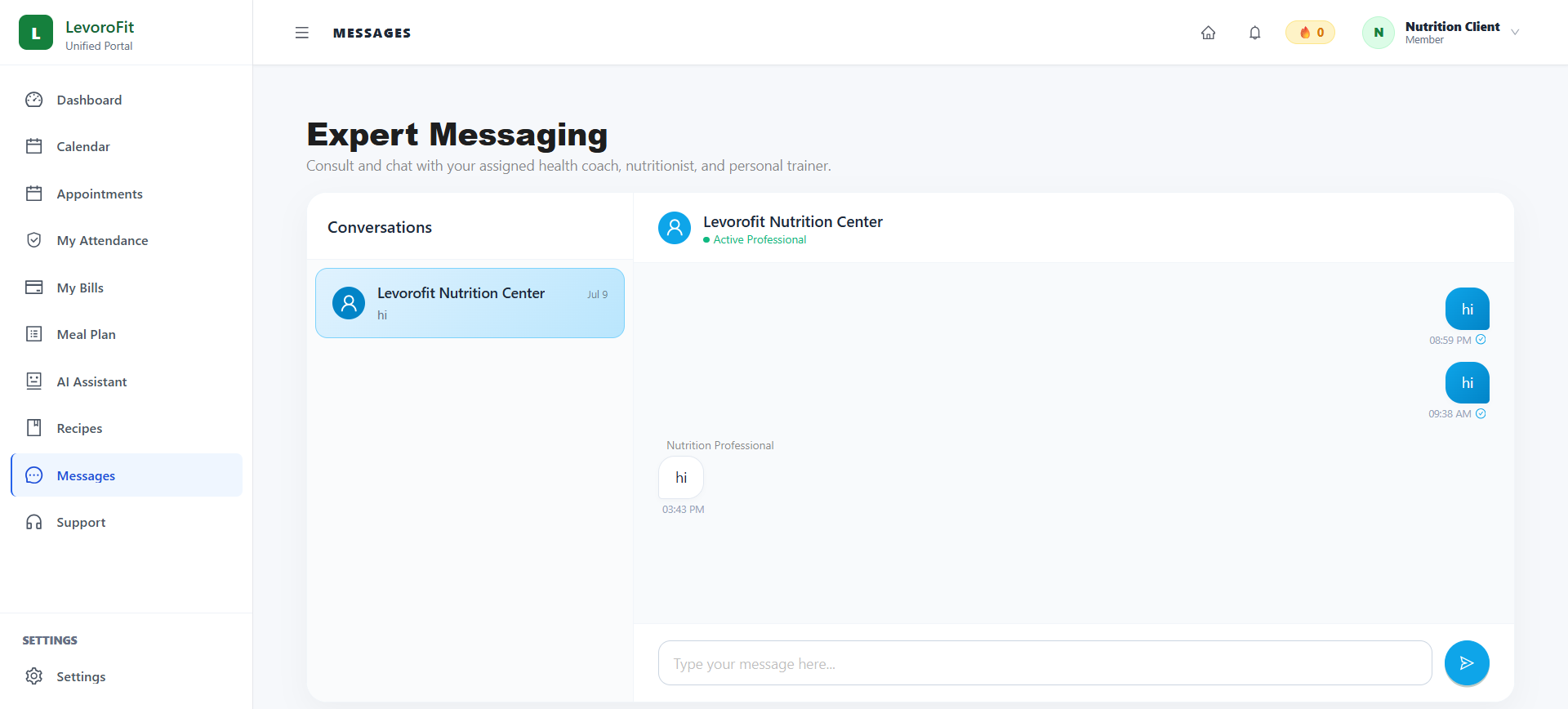 LevoroFit B2C Client Portal showing expert messaging dashboard with chat threads