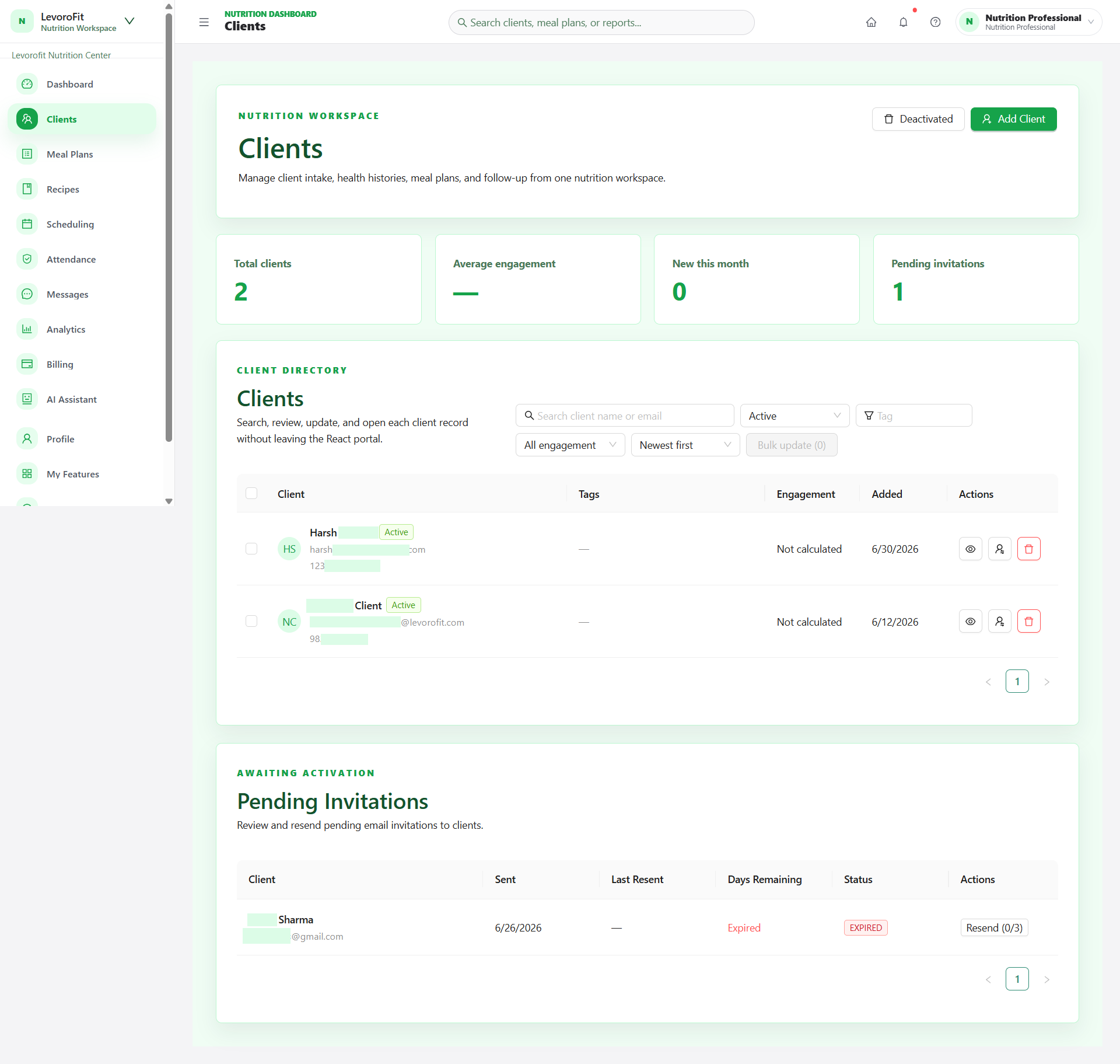 LevoroFit Client Management Dashboard showing active clients with adherence progress bars and AI alerts
