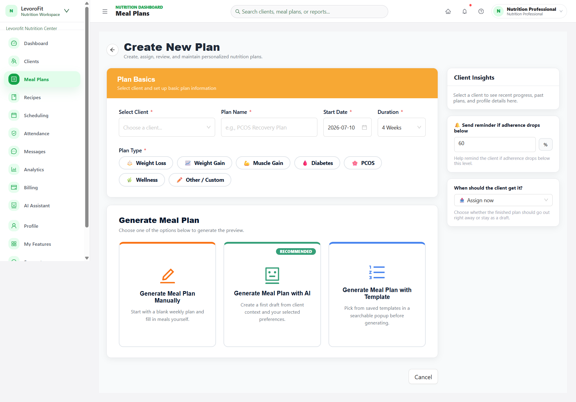 LevoroFit AI Meal Plan Generator showing Plan Basics, Wellness category tags, AI generation options, and adherence trigger settings
