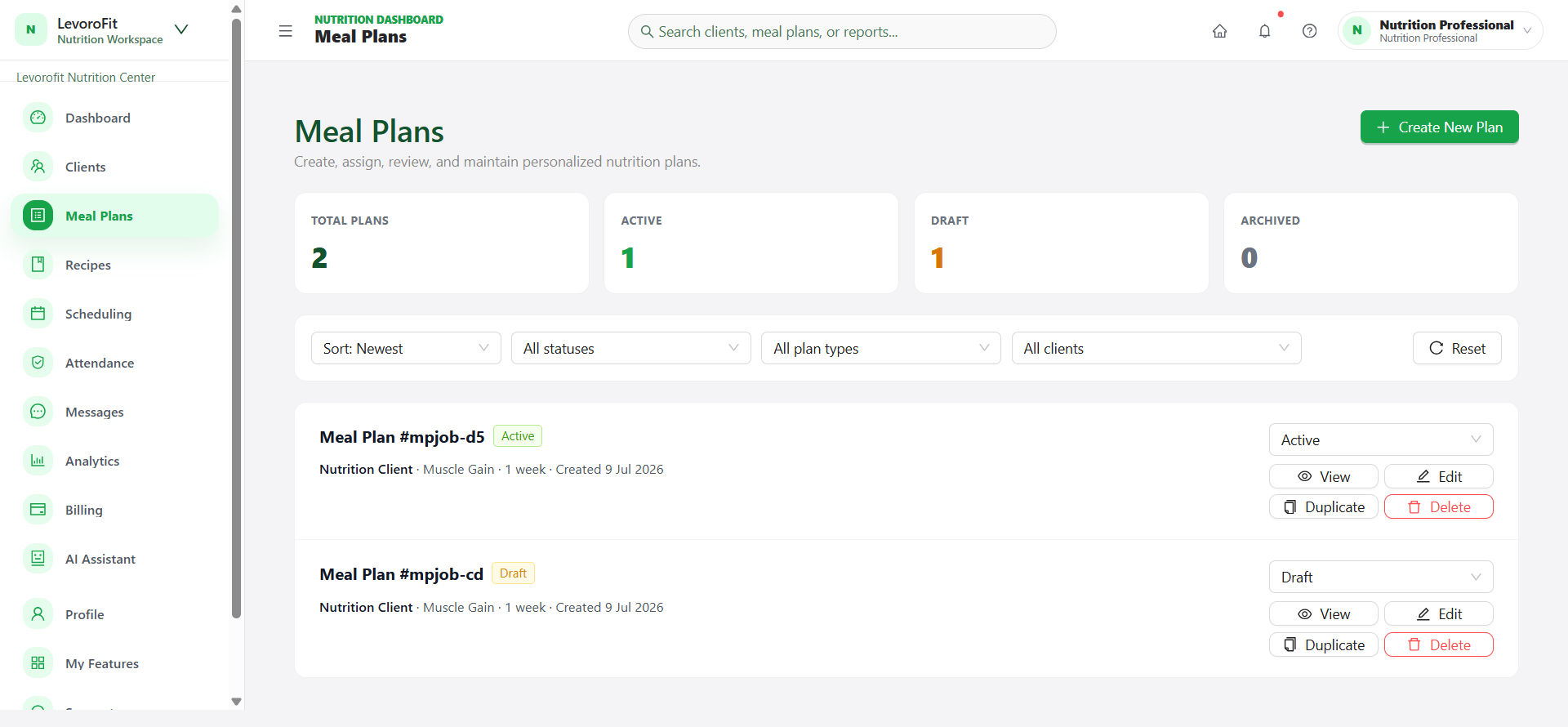 LevoroFit Meal Plans Dashboard showing active, draft, and archived meal plans