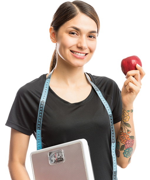 Nutrition professional with scale and apple