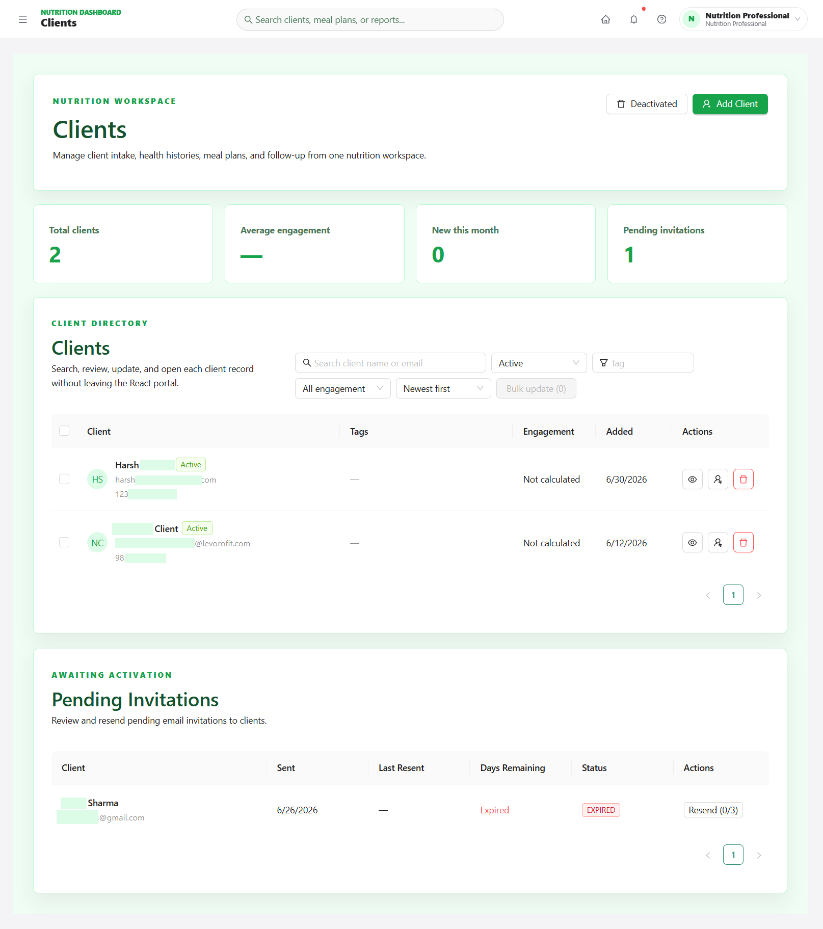 LevoroFit client management dashboard