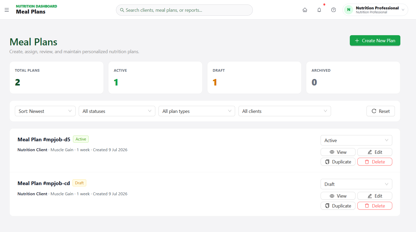 LevoroFit meal plans dashboard