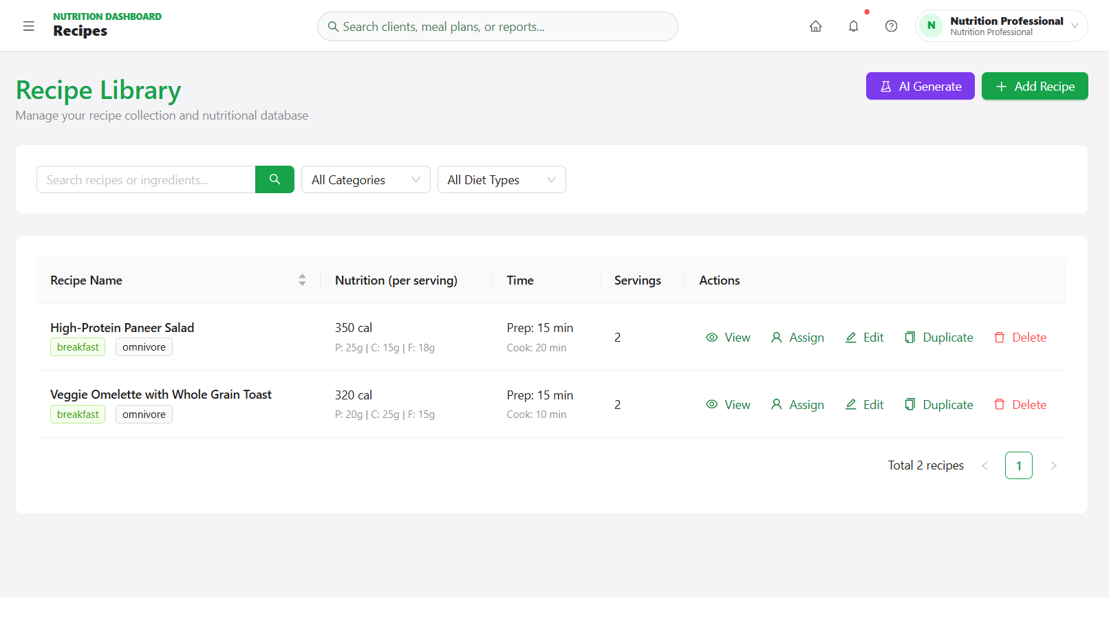 LevoroFit recipe library dashboard